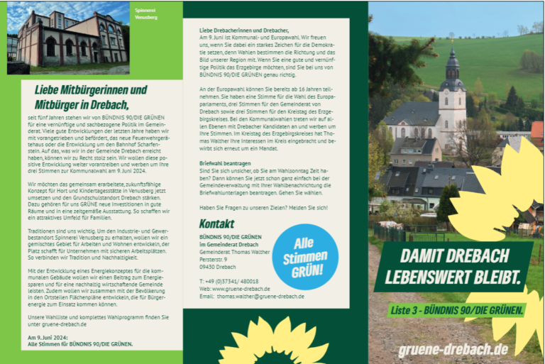 Flyer GRÜNE zur Gemeinderatswahl Drebach 2024